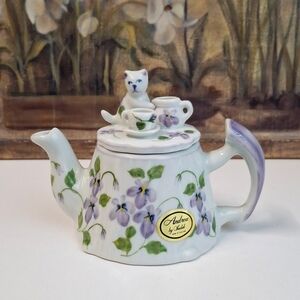 Andrea by Sadek Violets Floral Collectible Small Teapot with Cat Detail on Lid